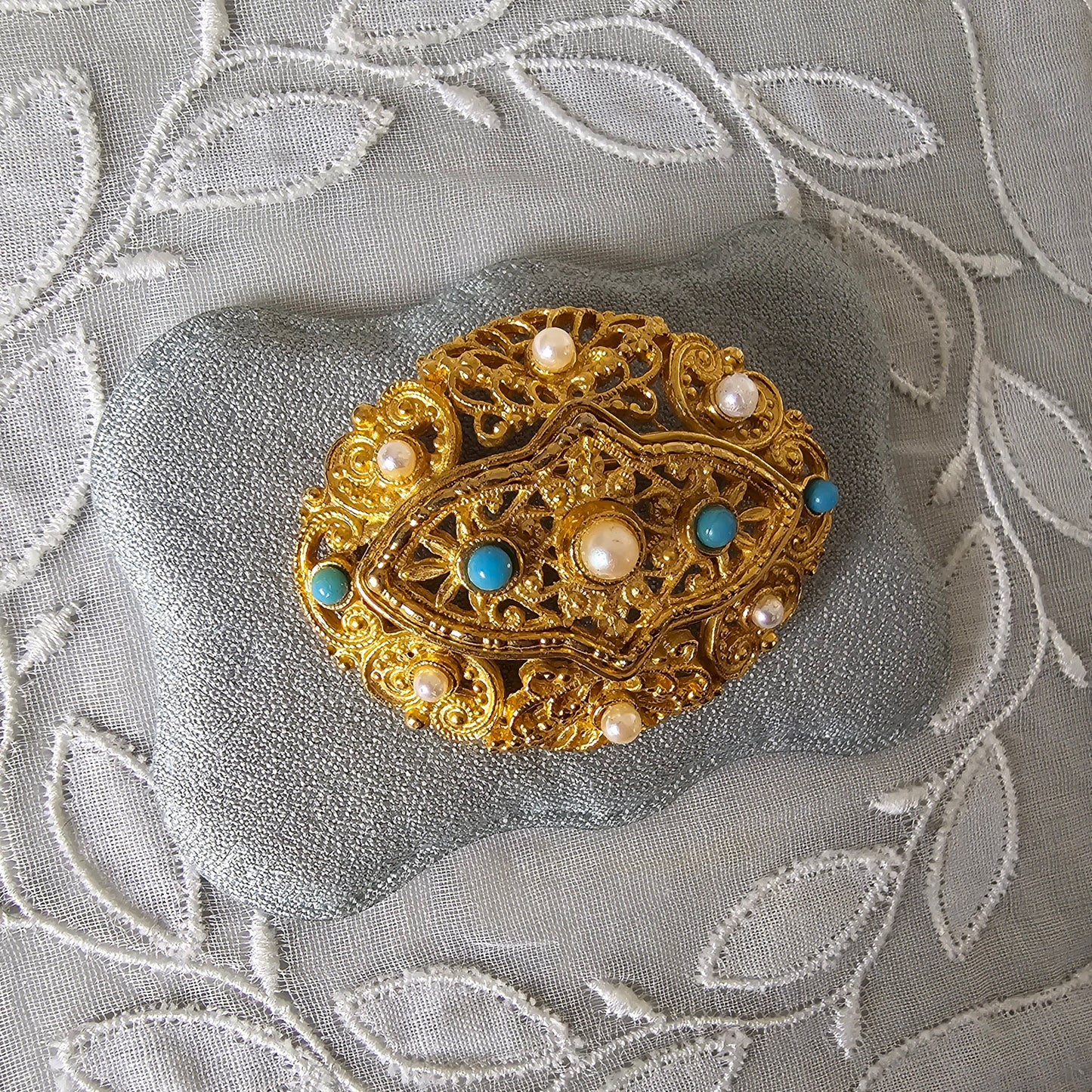 Brooch - Ornate Turquoise and Pearl Brooch