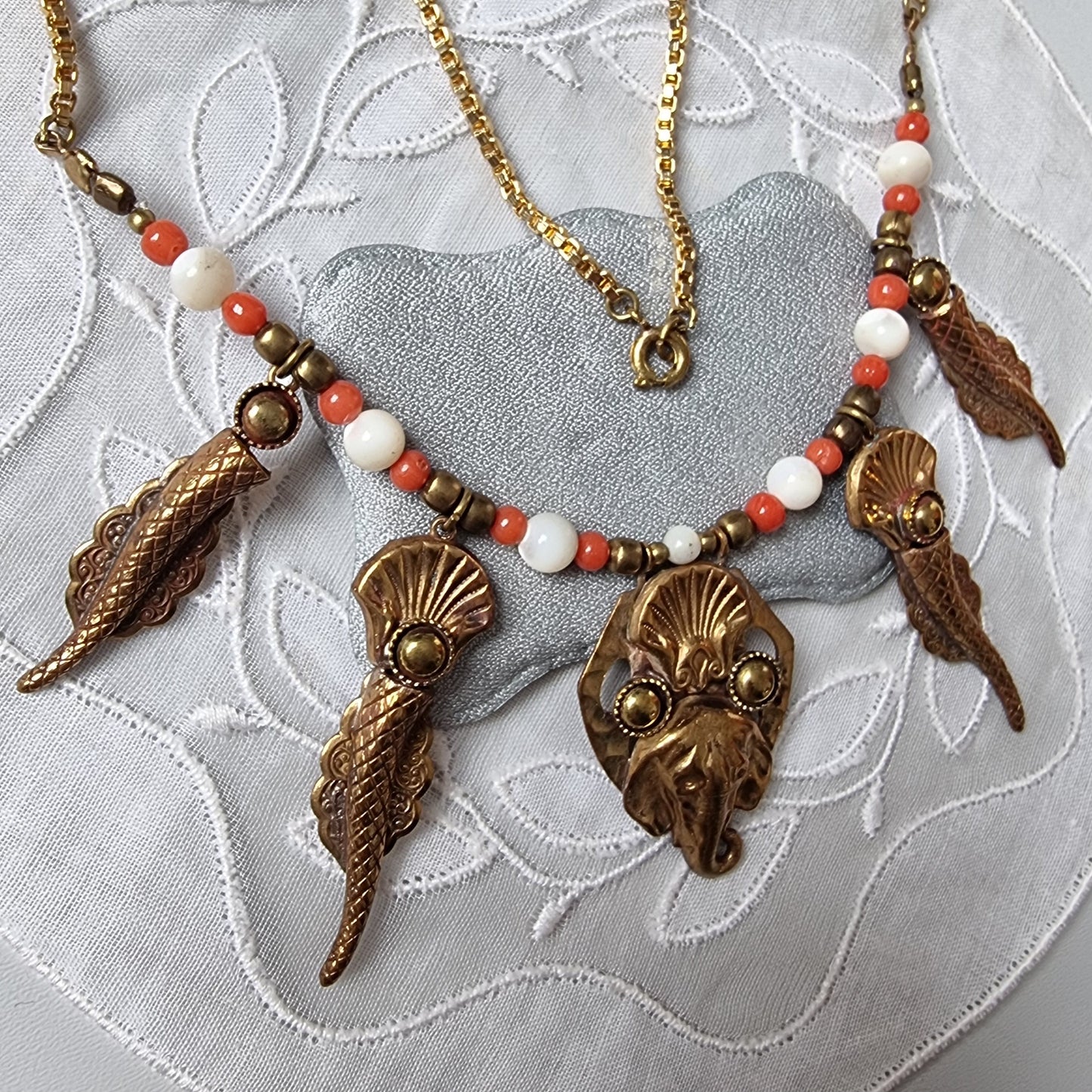 Necklace - Elephant and Shells Coral and Pearl Glass Beads Necklace