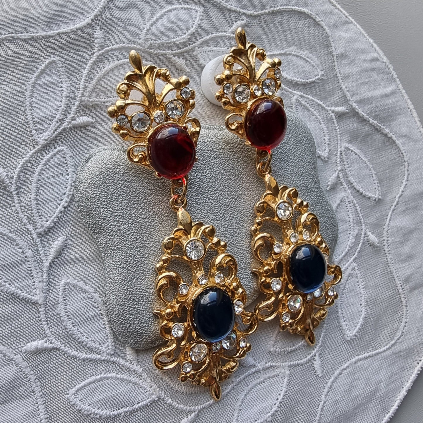 Posts - Statement Red and Blue Cabochon Drop Earrings