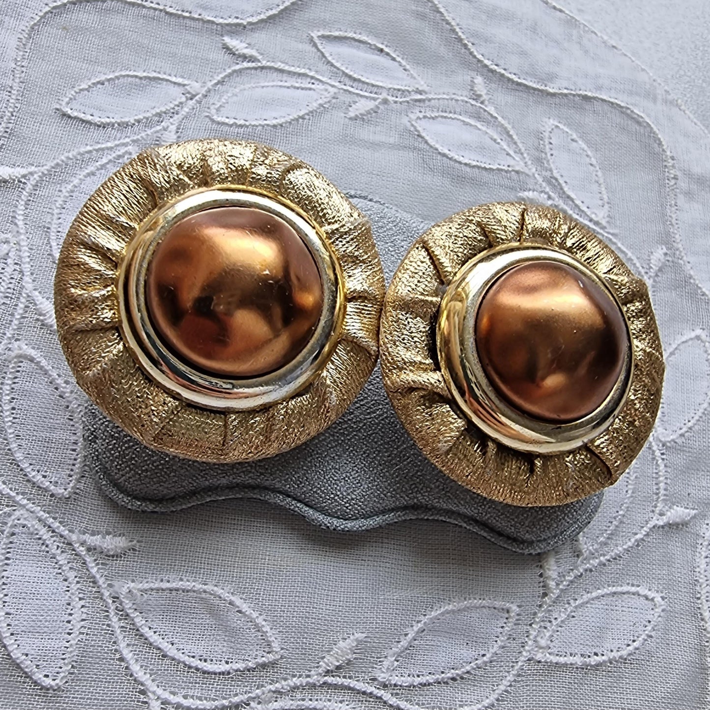 Clip on - Gold Fabric Faux Big Brown Pearl Clip on Earrings