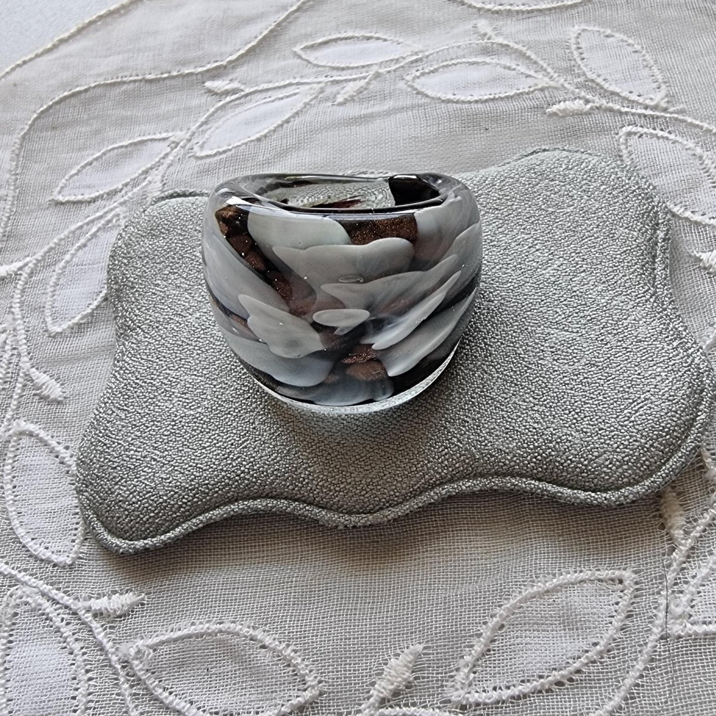 Ring - Black Brass and White Glass Flower Bombe Ring