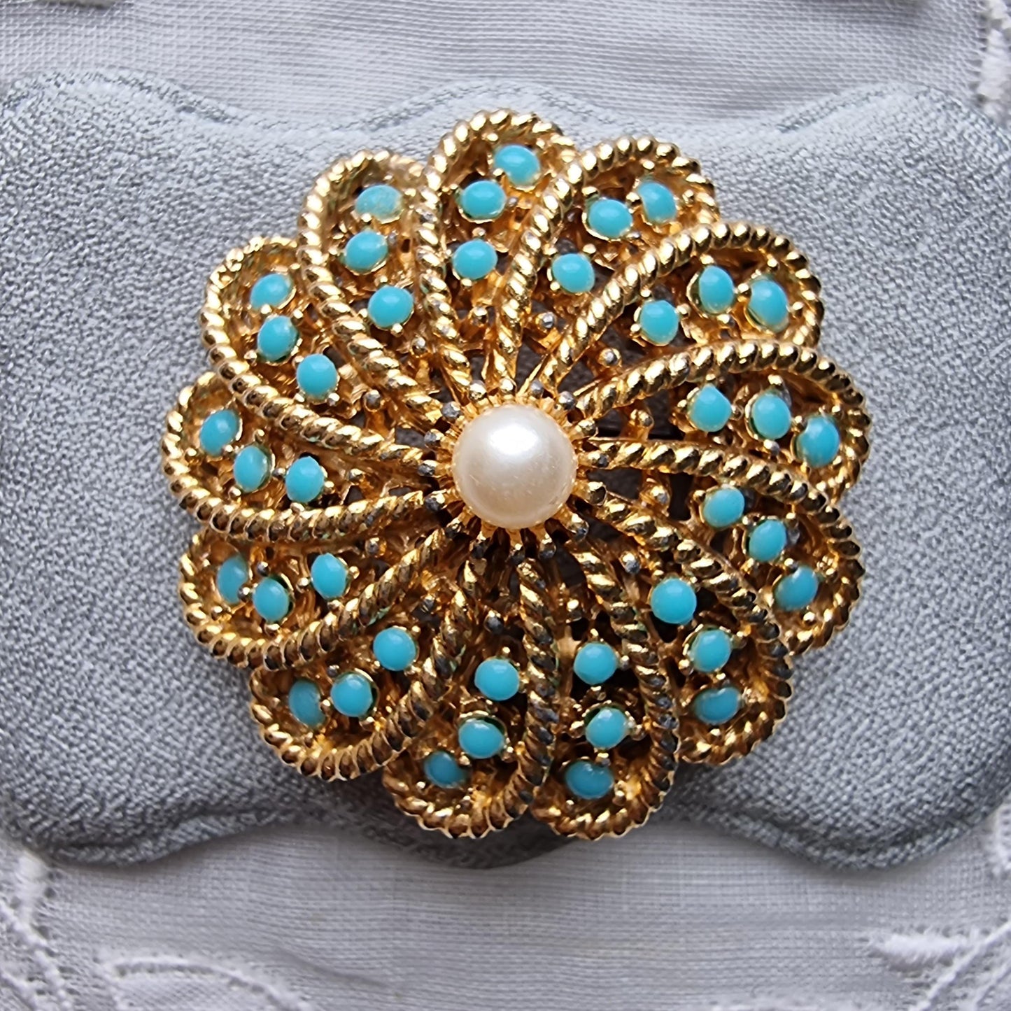 Brooch - Sphinx Gold Turquoise and Pearl Spray Brooch