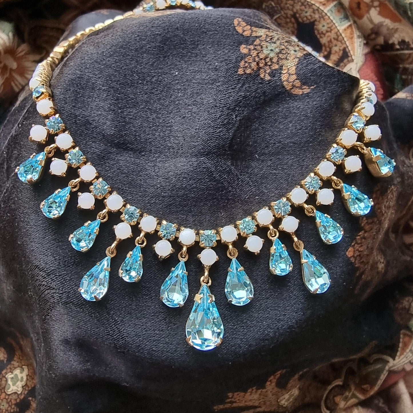 Necklace - Milky White and Aquamarine Blue Crystal Drops Necklace