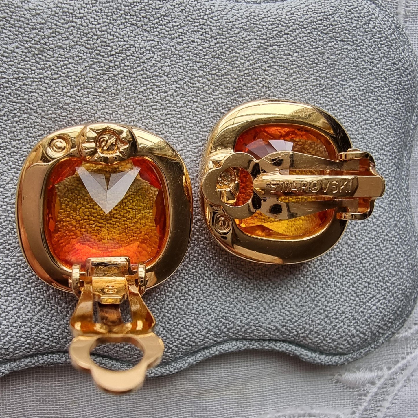 Clip on - Swarovski Cushion Cut Orange Crystal Clip On Earrings
