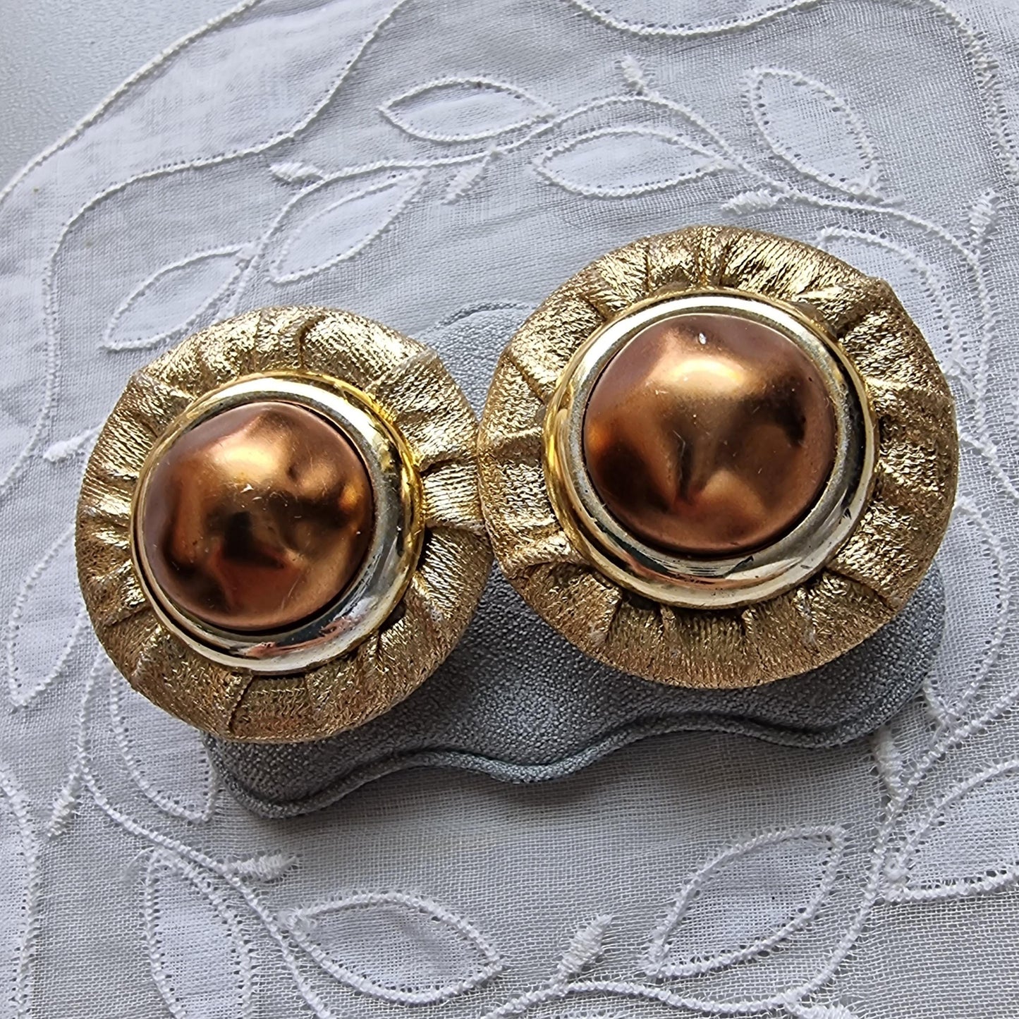 Clip on - Gold Fabric Faux Big Brown Pearl Clip on Earrings