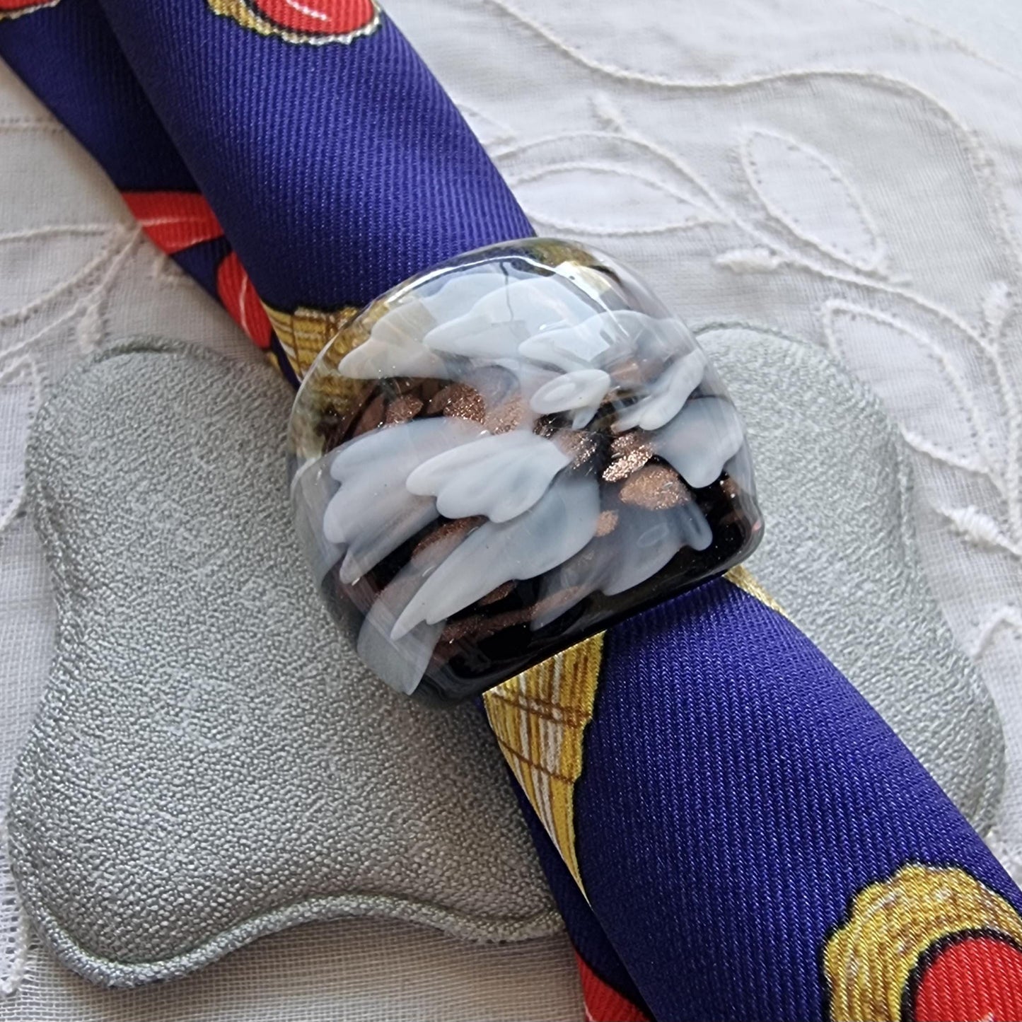 Ring - Black Brass and White Glass Flower Bombe Ring