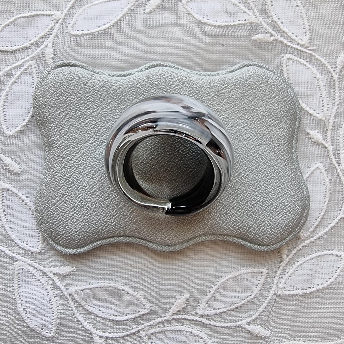 Ring - Black Brass and White Glass Flower Bombe Ring