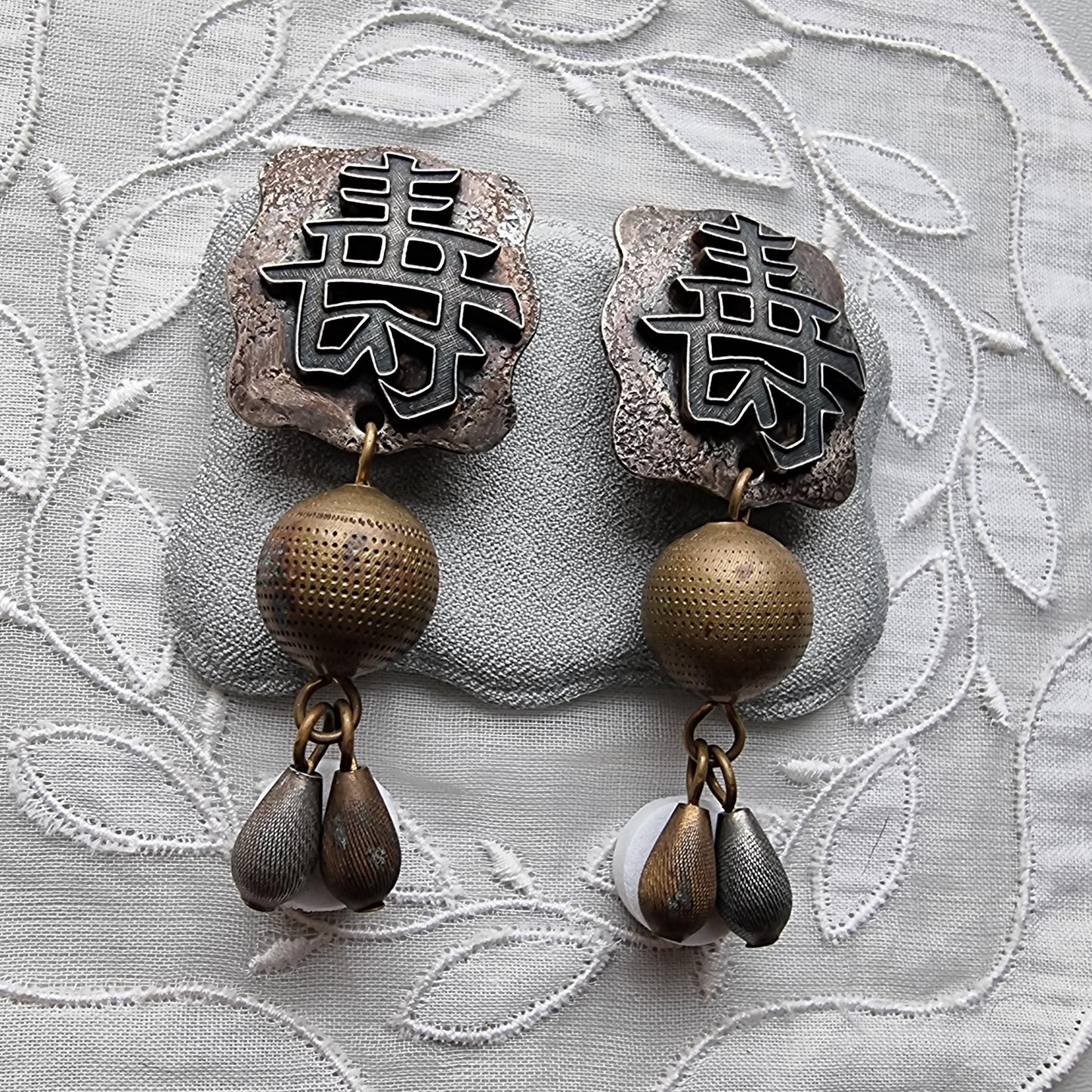 Clip on - Baer Chinese Character Two Tone Bead Drop Clip On Earrings