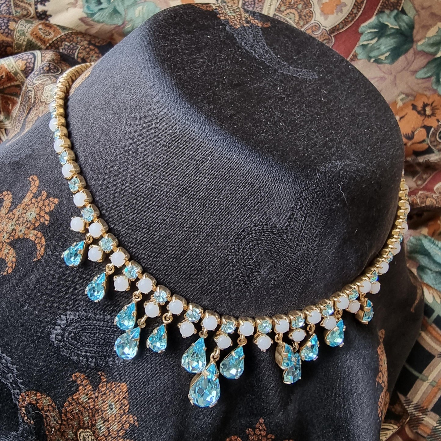 Necklace - Milky White and Aquamarine Blue Crystal Drops Necklace