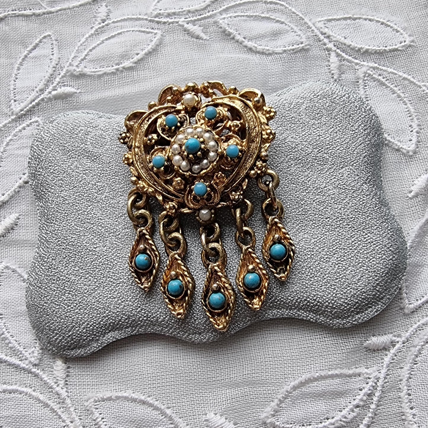 Brooch - Gold Heart Seed Pearl and Turquoise Drops Pendant Brooch