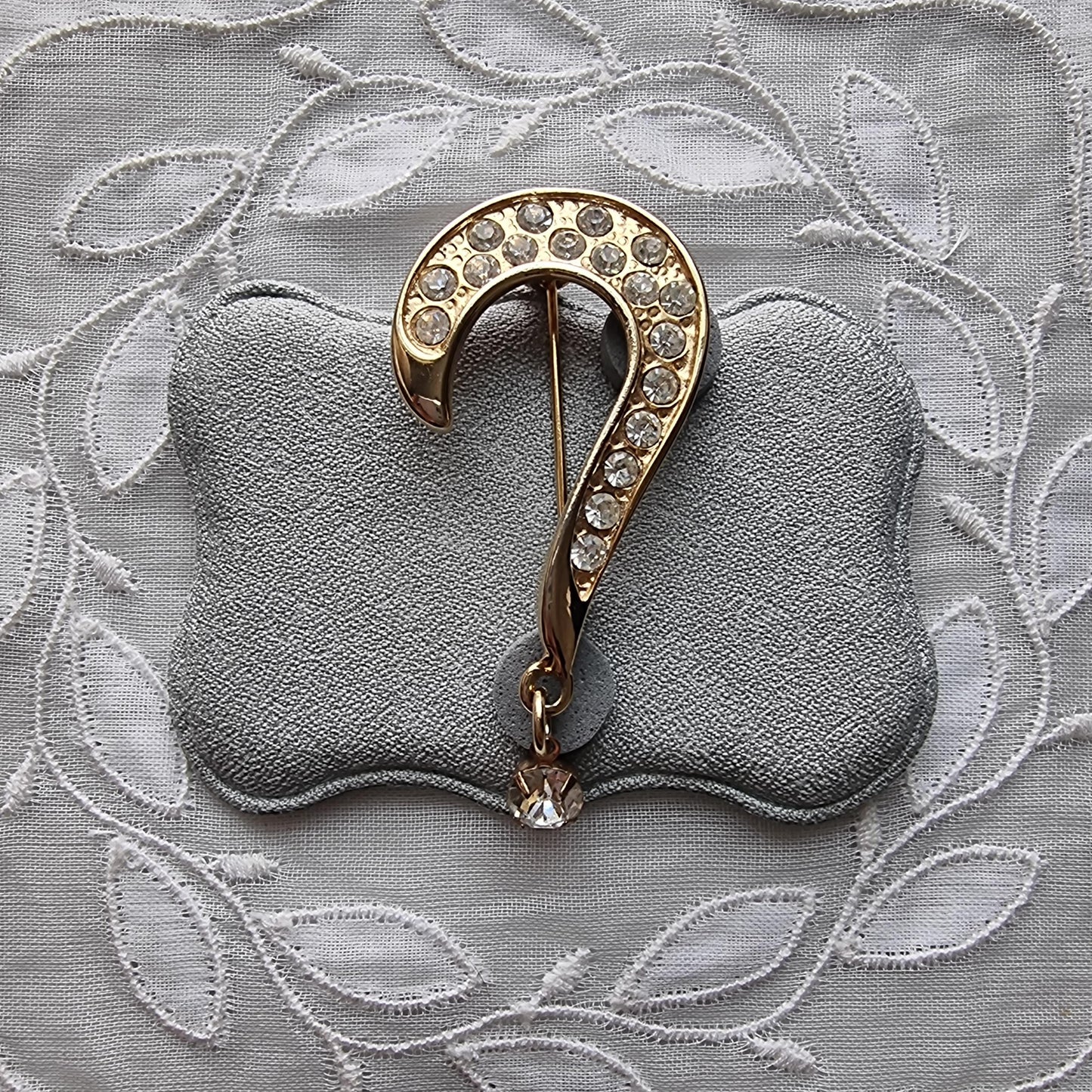 Brooch - Gold and Clear Crystals Drop Question Mark Brooch