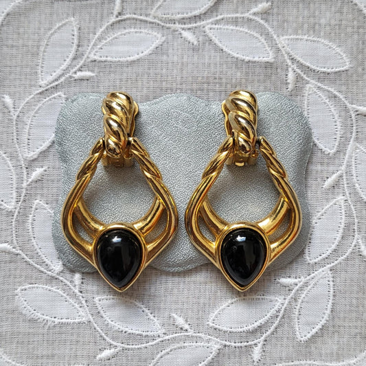 Clip on - Black Cabochon Gold Door Knocker Clip on Earrings