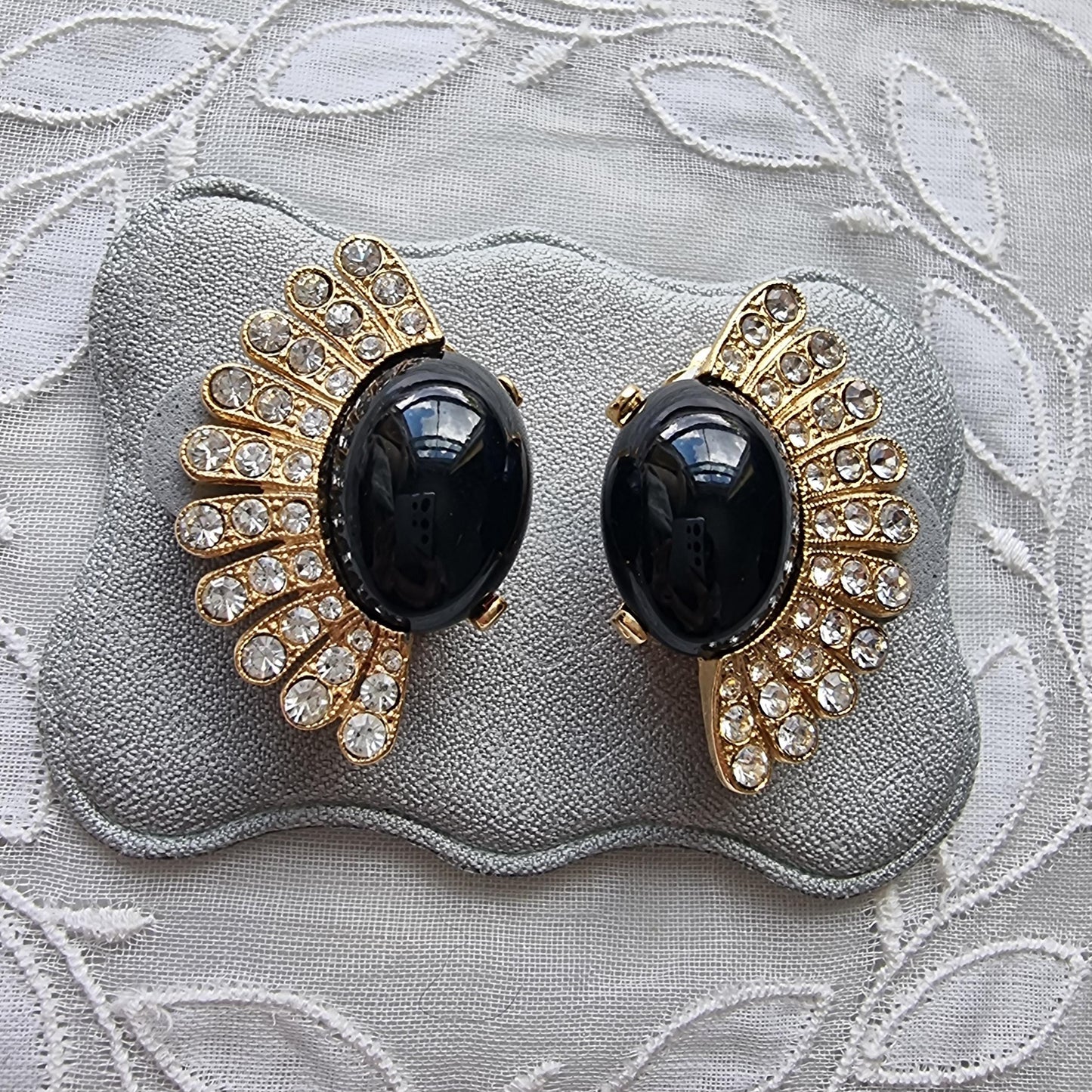 Clip on - Black Cabochon and Clear Crystals Clip On Earrings