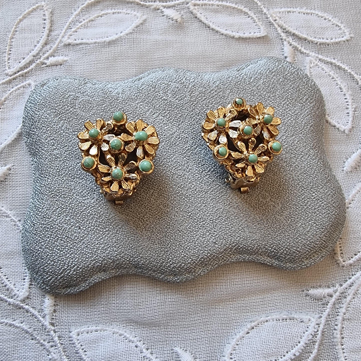 Clip on - Mint Green Enamel Flower Cluster Clip on Earrings