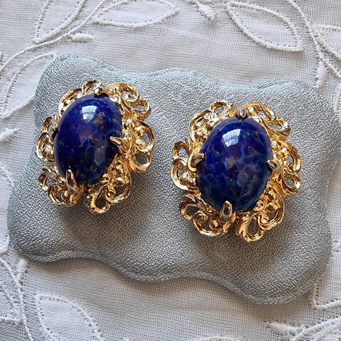 Clip on - Gold Swirls Lapis Lazuli Glass Cabochon Clip on Earrings