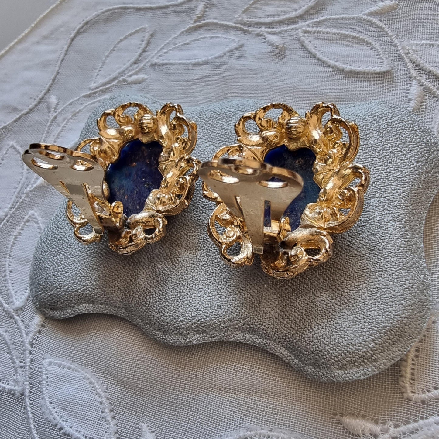 Clip on - Gold Swirls Lapis Lazuli Glass Cabochon Clip on Earrings