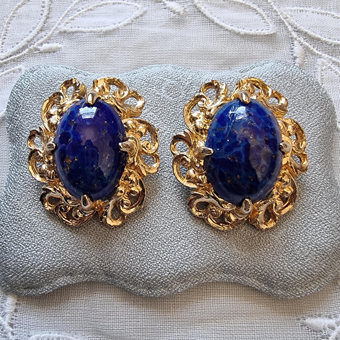 Clip on - Gold Swirls Lapis Lazuli Glass Cabochon Clip on Earrings