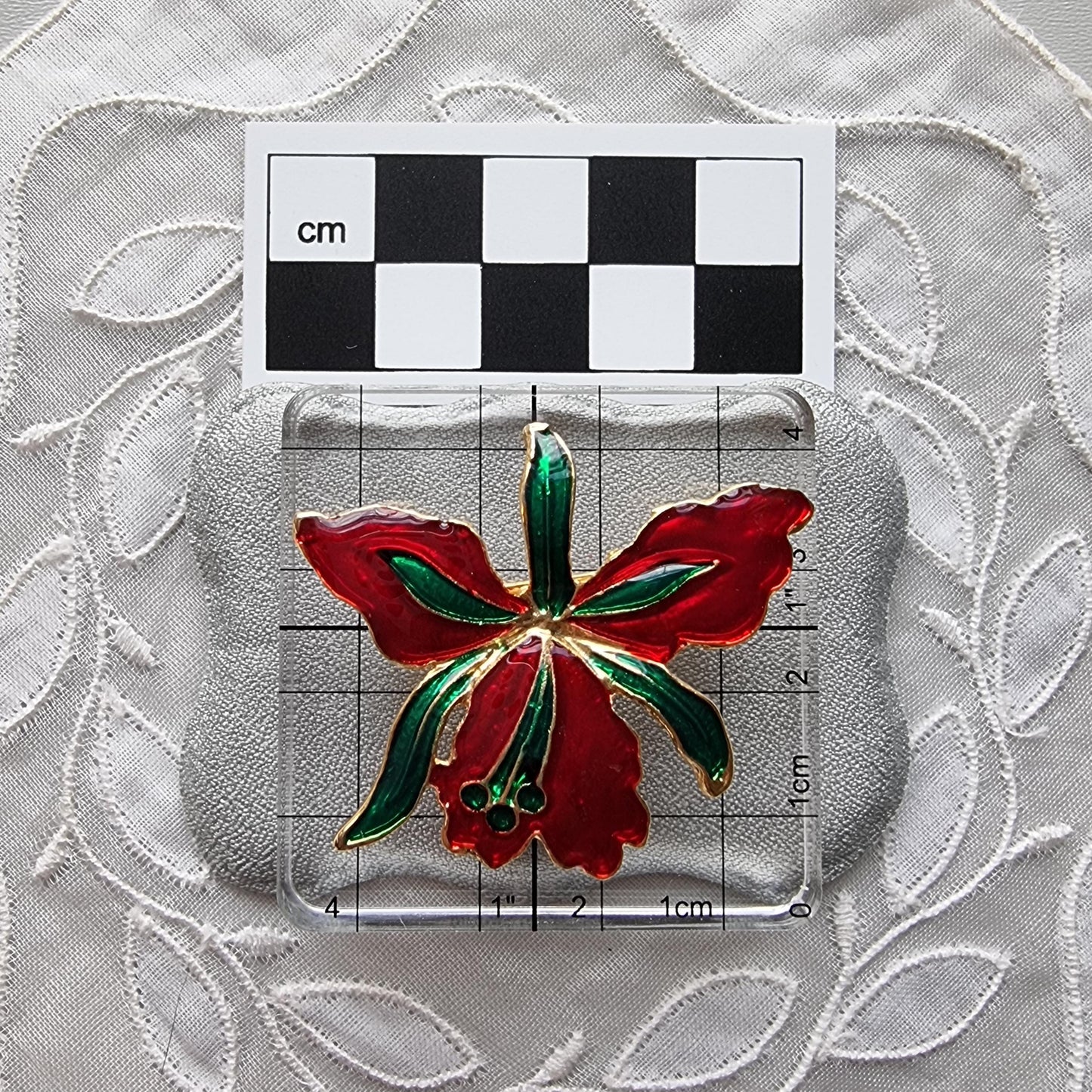 Brooch - Red and Greeen Enamel Flower Brooch