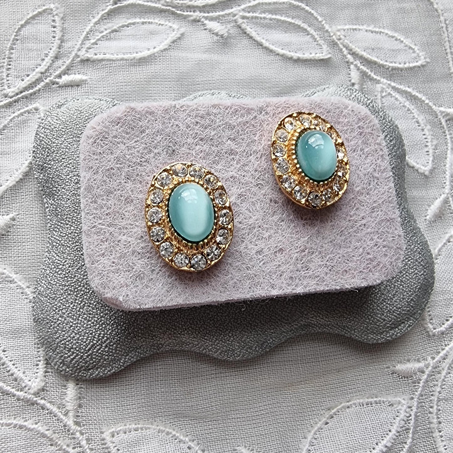Posts - Light Blue Cat's Eye and Crystal Halo Stud Earrings