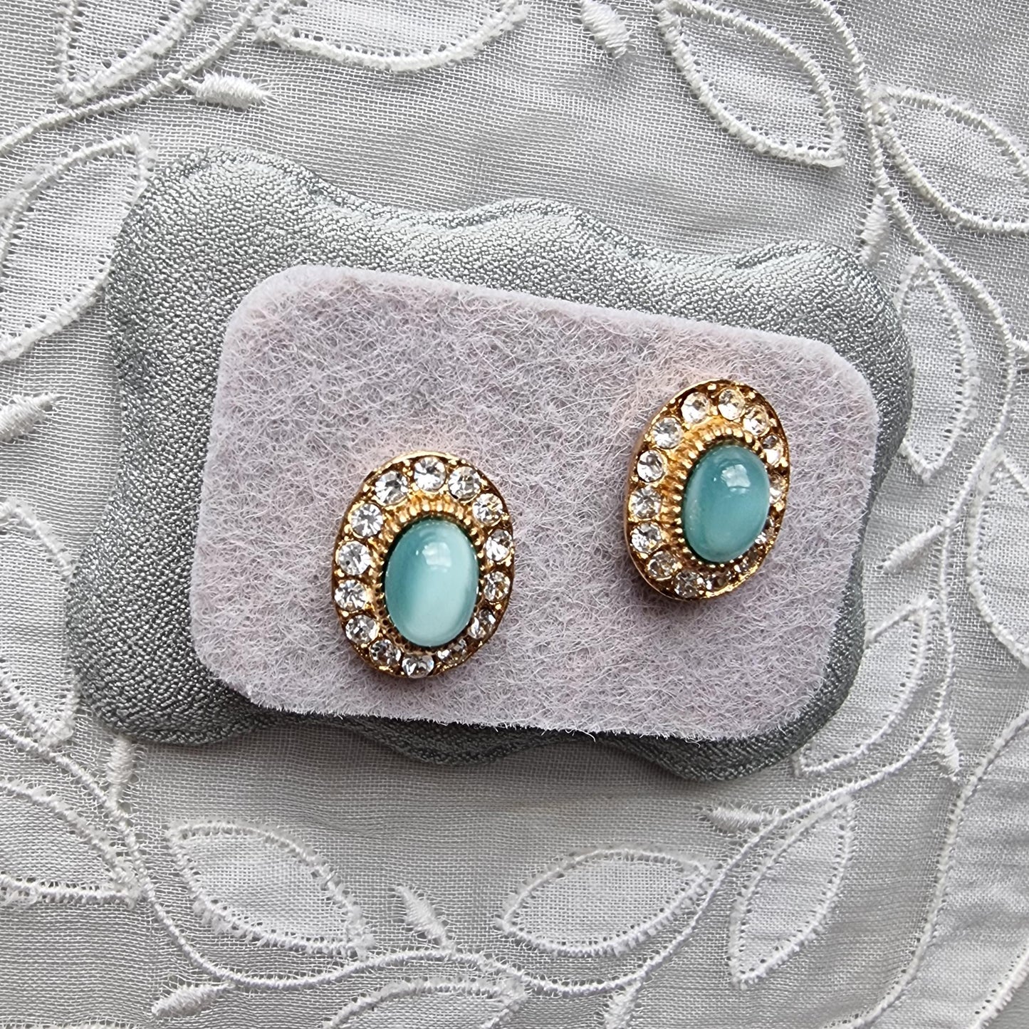 Posts - Light Blue Cat's Eye and Crystal Halo Stud Earrings