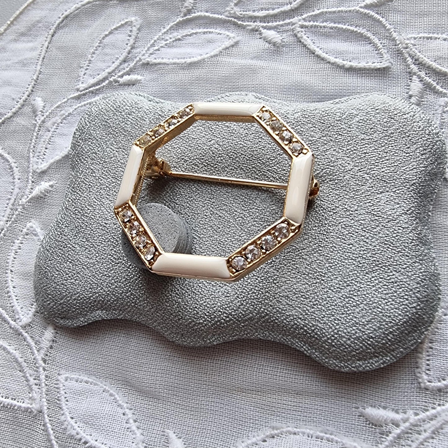 Brooch - White Enamel and Crystals Octagonal Brooch
