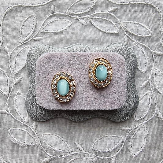 Posts - Light Blue Cat's Eye and Crystal Halo Stud Earrings