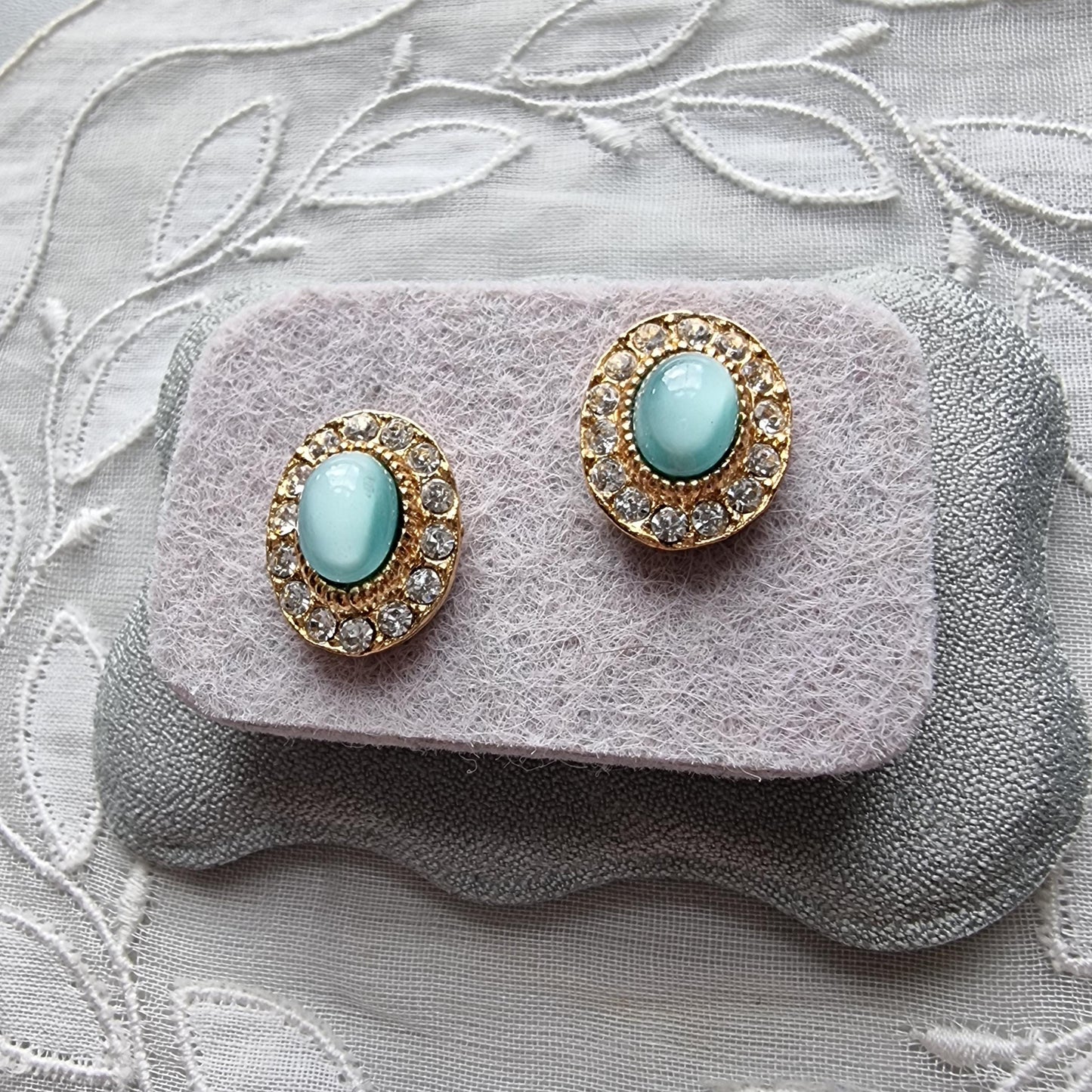 Posts - Light Blue Cat's Eye and Crystal Halo Stud Earrings