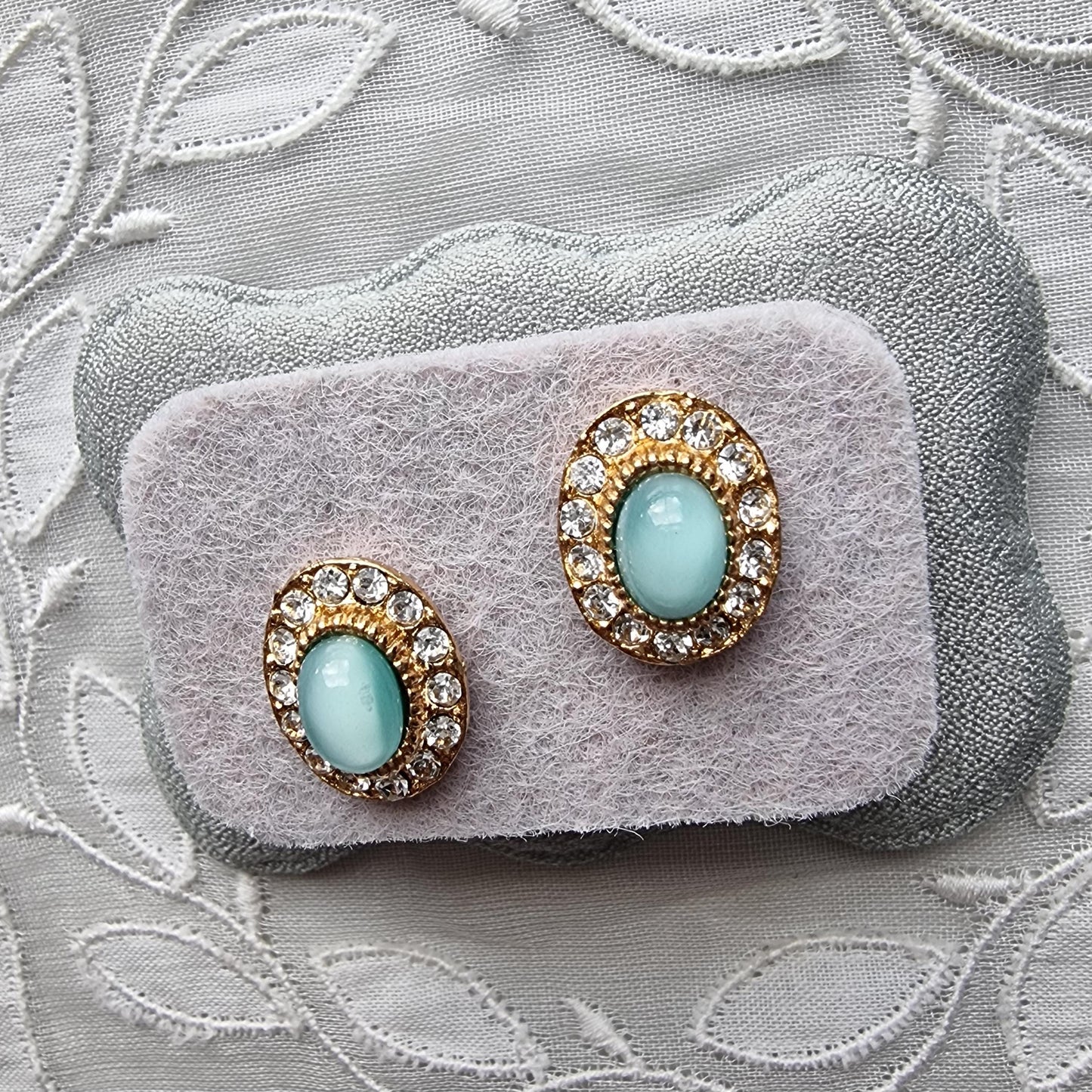 Posts - Light Blue Cat's Eye and Crystal Halo Stud Earrings