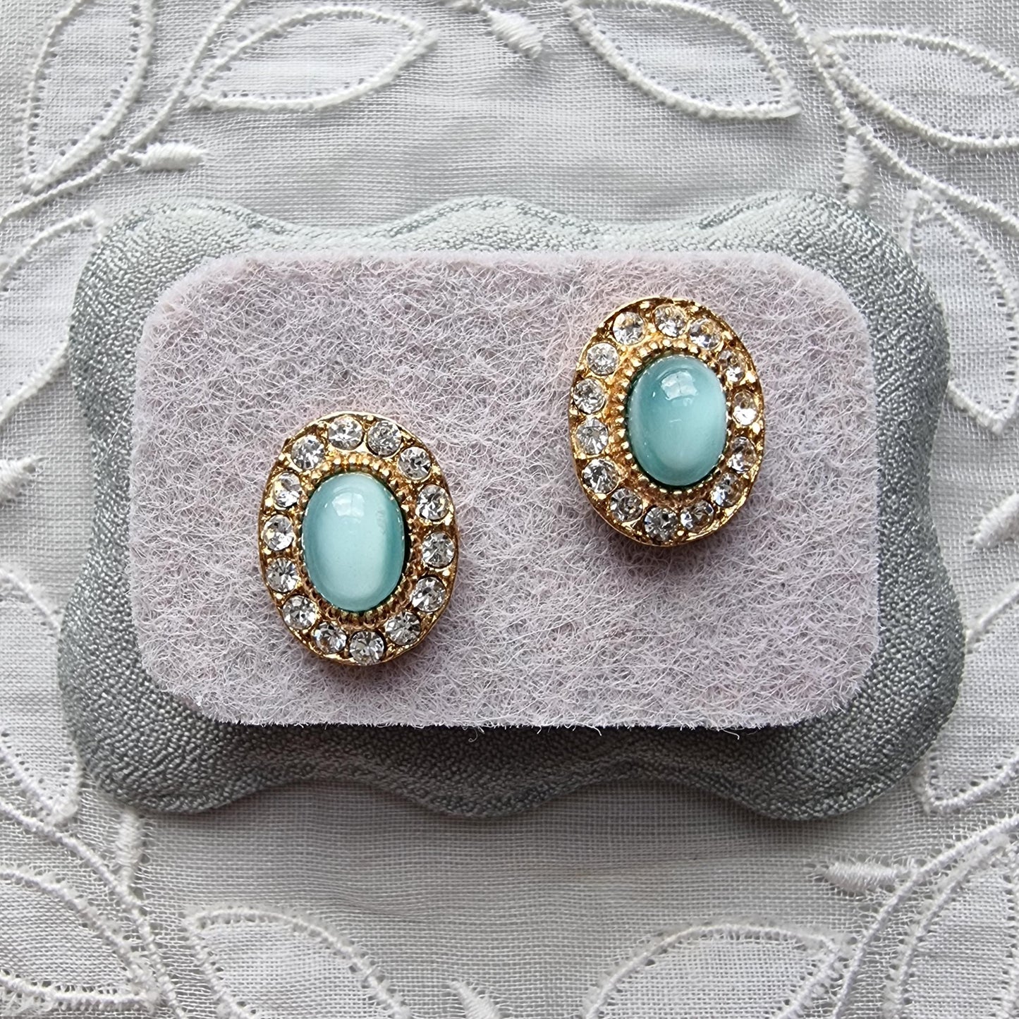 Posts - Light Blue Cat's Eye and Crystal Halo Stud Earrings