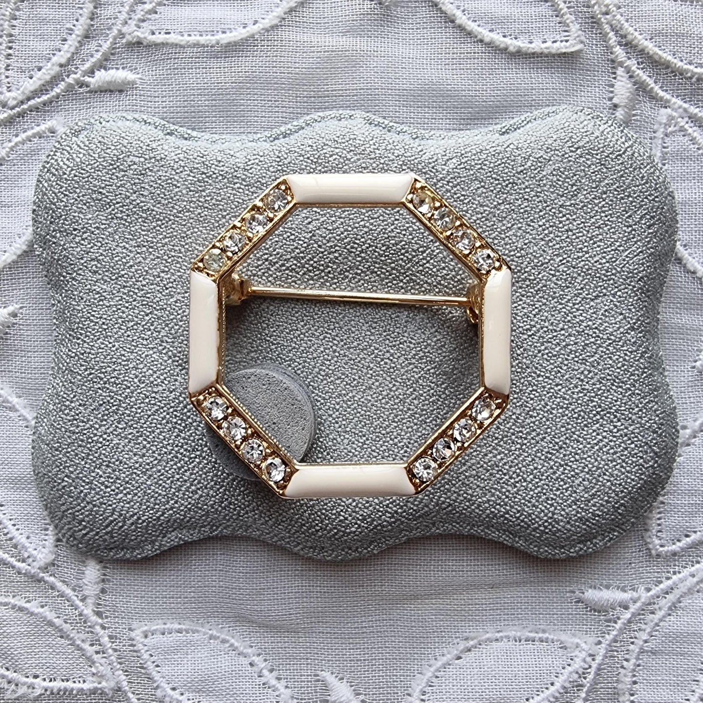 Brooch - White Enamel and Crystals Octagonal Brooch