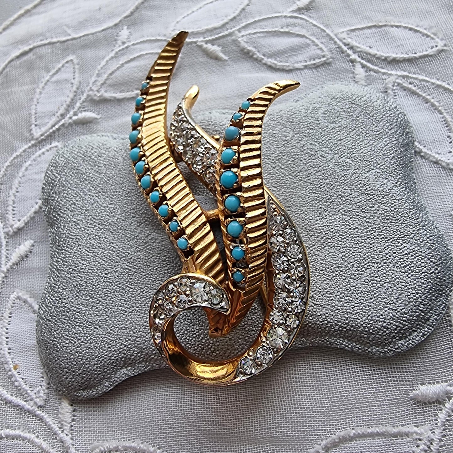 Brooch - Pearl Turquoise and Crystal Flower Brooch