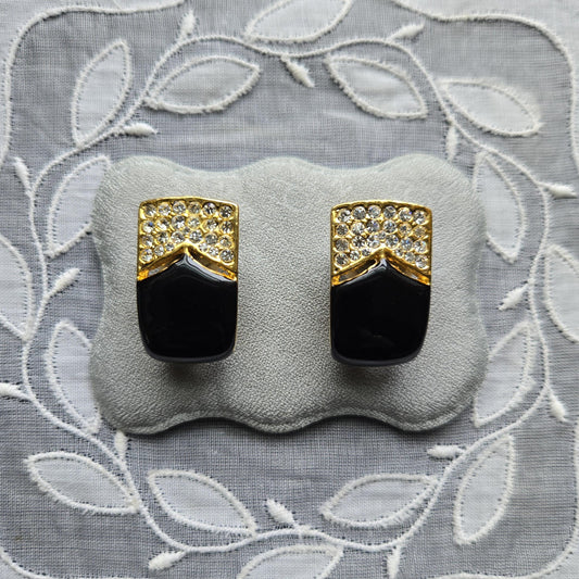 Clip on - Black Enamel and Clear Crystals Clip On Earrings
