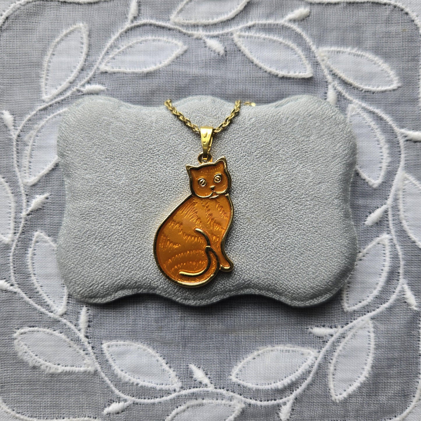 Necklace - Orange Enamel Cat Pendant Necklace