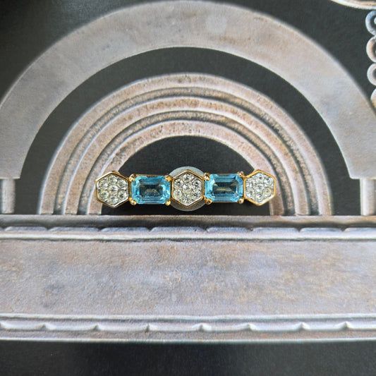 Brooch - Attwood and Sawyer Blue and Clear Crystals Bar Brooch